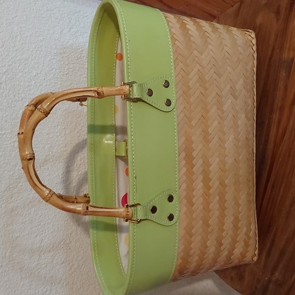 Green & Rattan Straw TOTE bag Bamboo Handles Polka-dot interior Medium Size - Picture 3 of 8